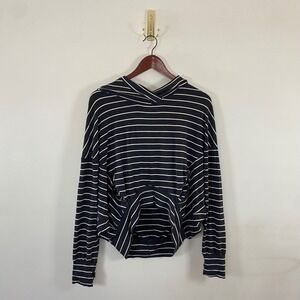 Striped‎ Cropped Slouchy Hoodie Sweatshirt Black White Pockets Loose Athleisure